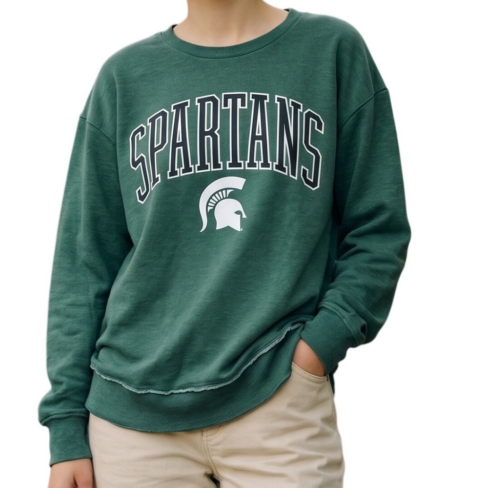 Pressbox by Royce Large Women Spartans Sweatshirt Green NWT Raw Hem